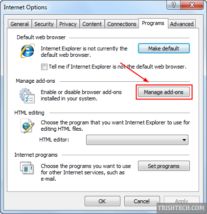 disable add-ons on Internet Explorer