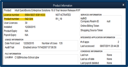 Product and License number in check