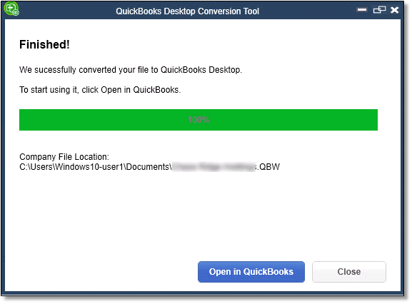 Successfully converted your file to QuickBooks Desktop 