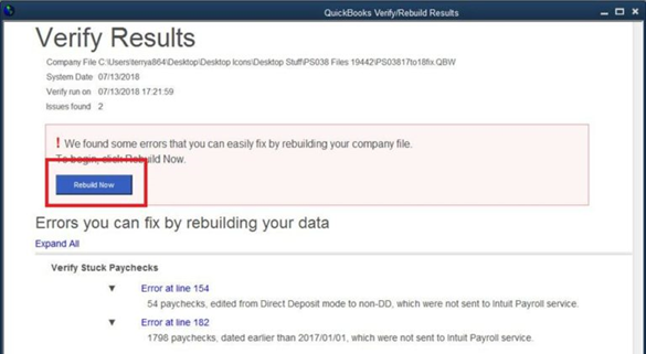 QuickBooks Verify Rebuilt Results