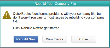This message shows that you can fix most issues by rebuilding your company file