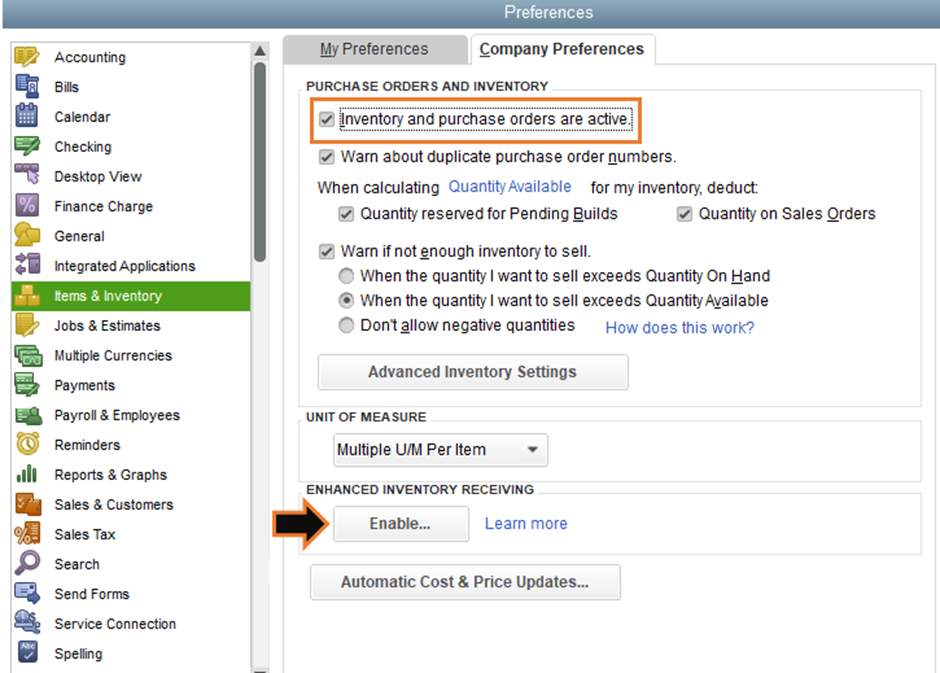 Setting up the inventory in the QuickBooks Desktop