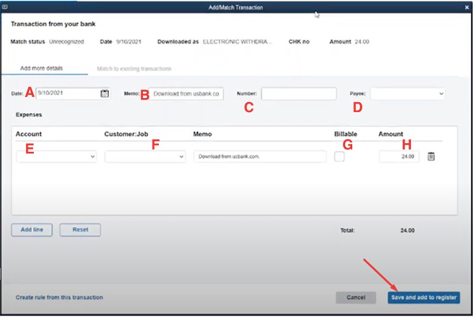 Adding Transaction Details to a Bank Transaction in QuickBooks Desktop