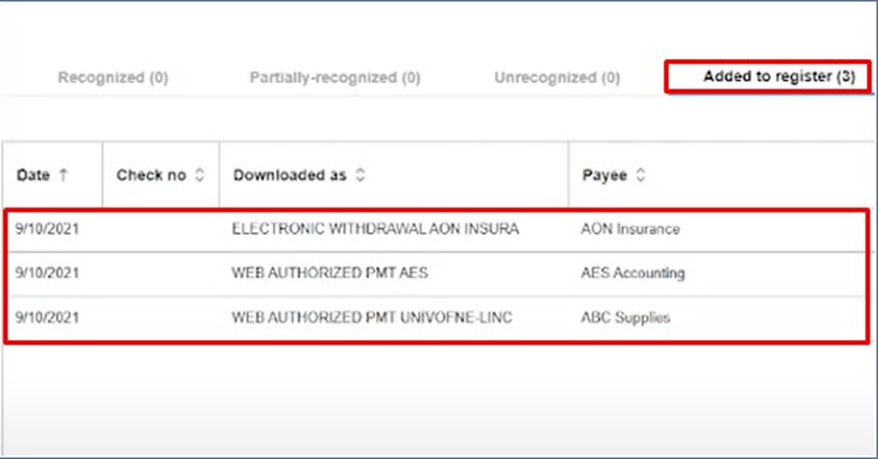 Transactions Entered into the Account Register