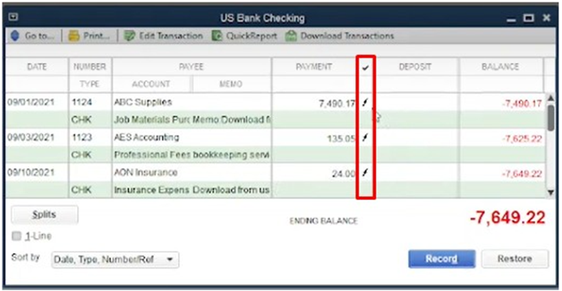 Updated Check Register Containing the Recently Imported Transaction